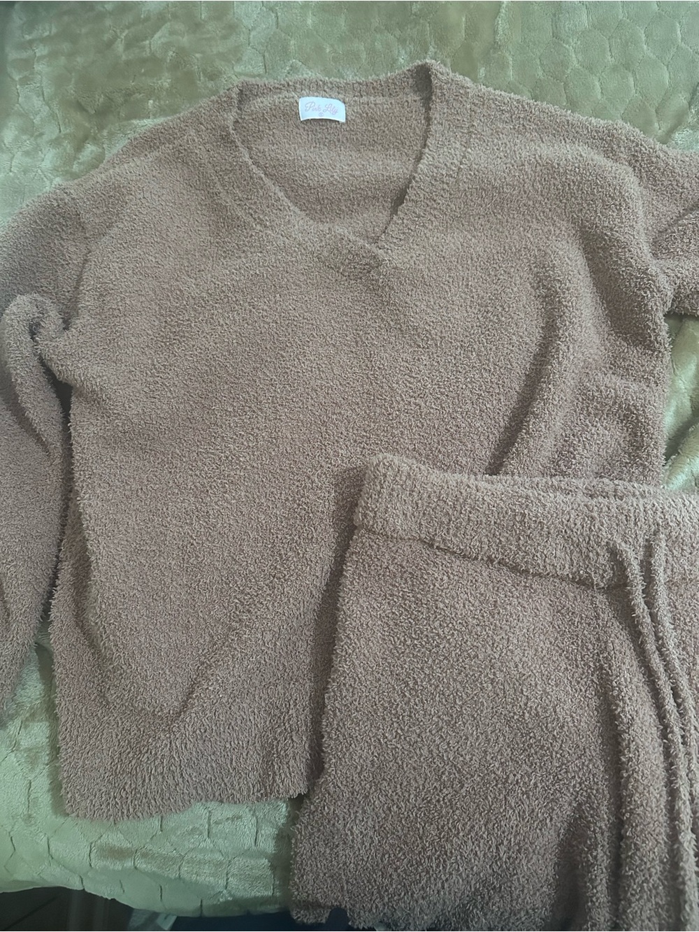 Pink Lily Brown Fuzzy Knit Top and draw string lounge pants